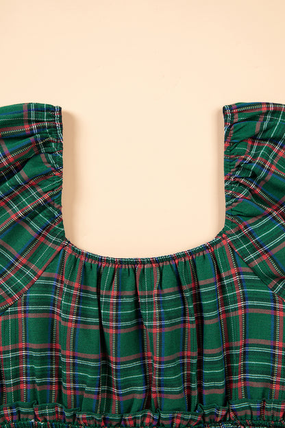 Plaid Shirred Scoop Neck Short Sleeve Mini Dress