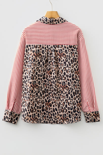 Stripe Leopard Patchwork Long Sleeve Buttoned Shirt