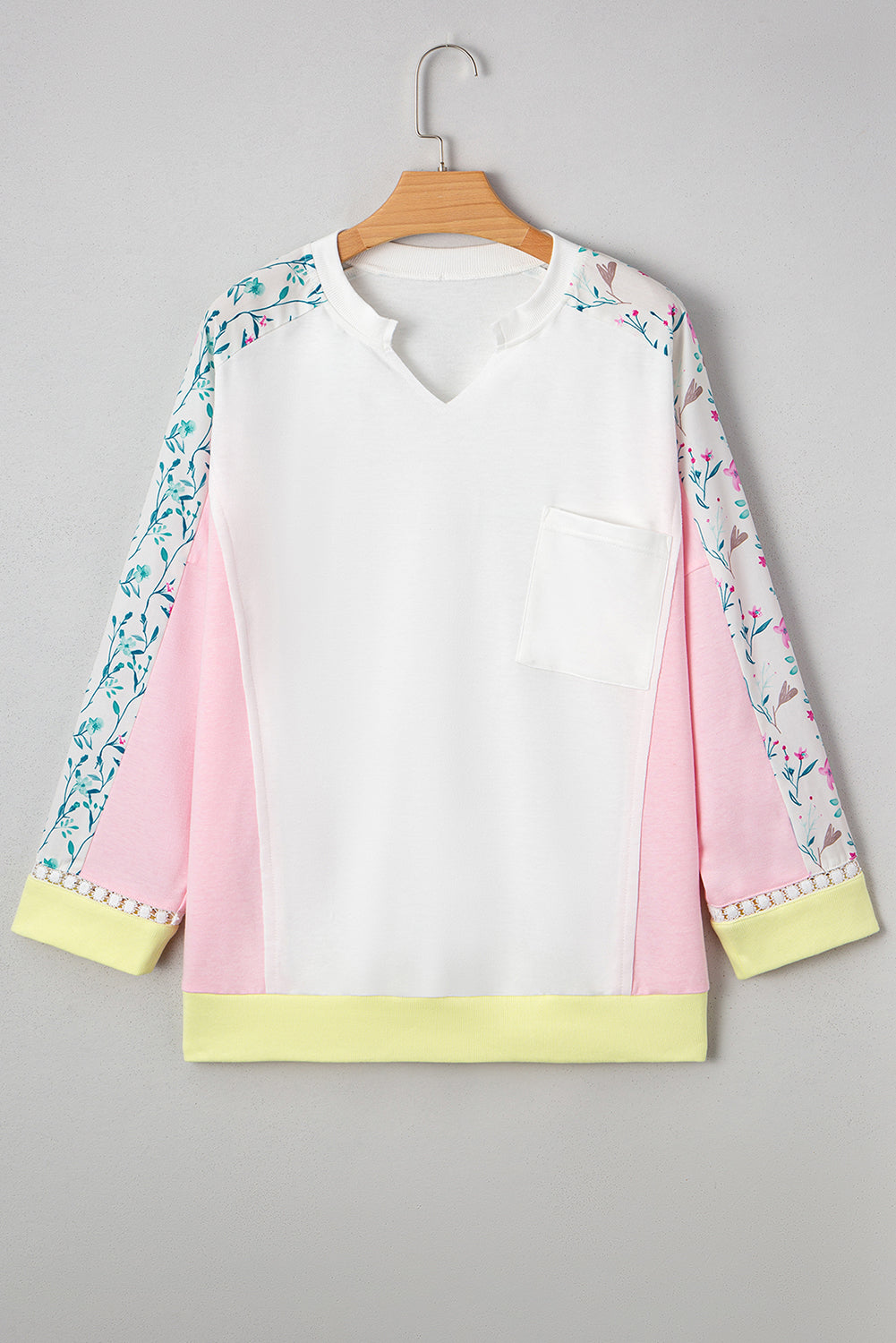 Floral Colorblock Patchwork Chest Pocket Long Sleeve Top