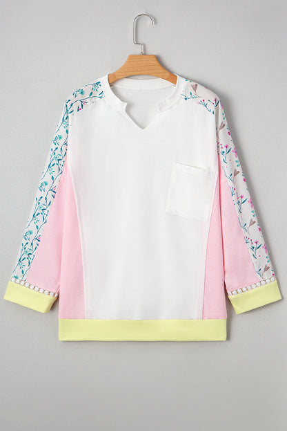 Floral Colorblock Patchwork Chest Pocket Long Sleeve Top