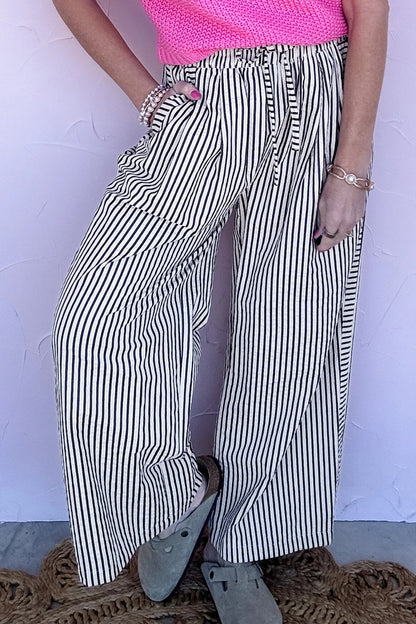 Stripe Wide Leg Elastic Drawstring Pants