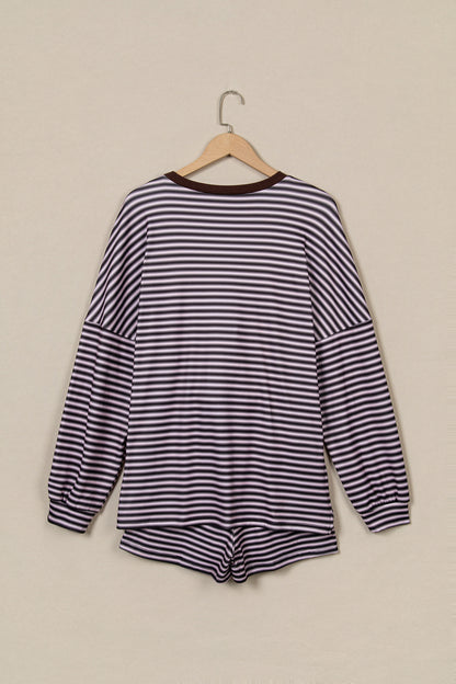 Stripe Oversized Long Sleeve Top & Pocketed Shorts Set