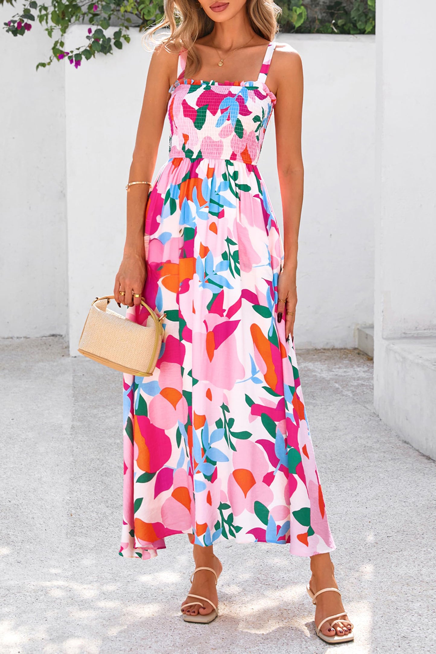 Abstract Floral Smocked High Waist Maxi Sundress