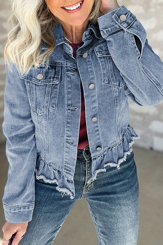 Ruffle Raw Hem Denim Jacket