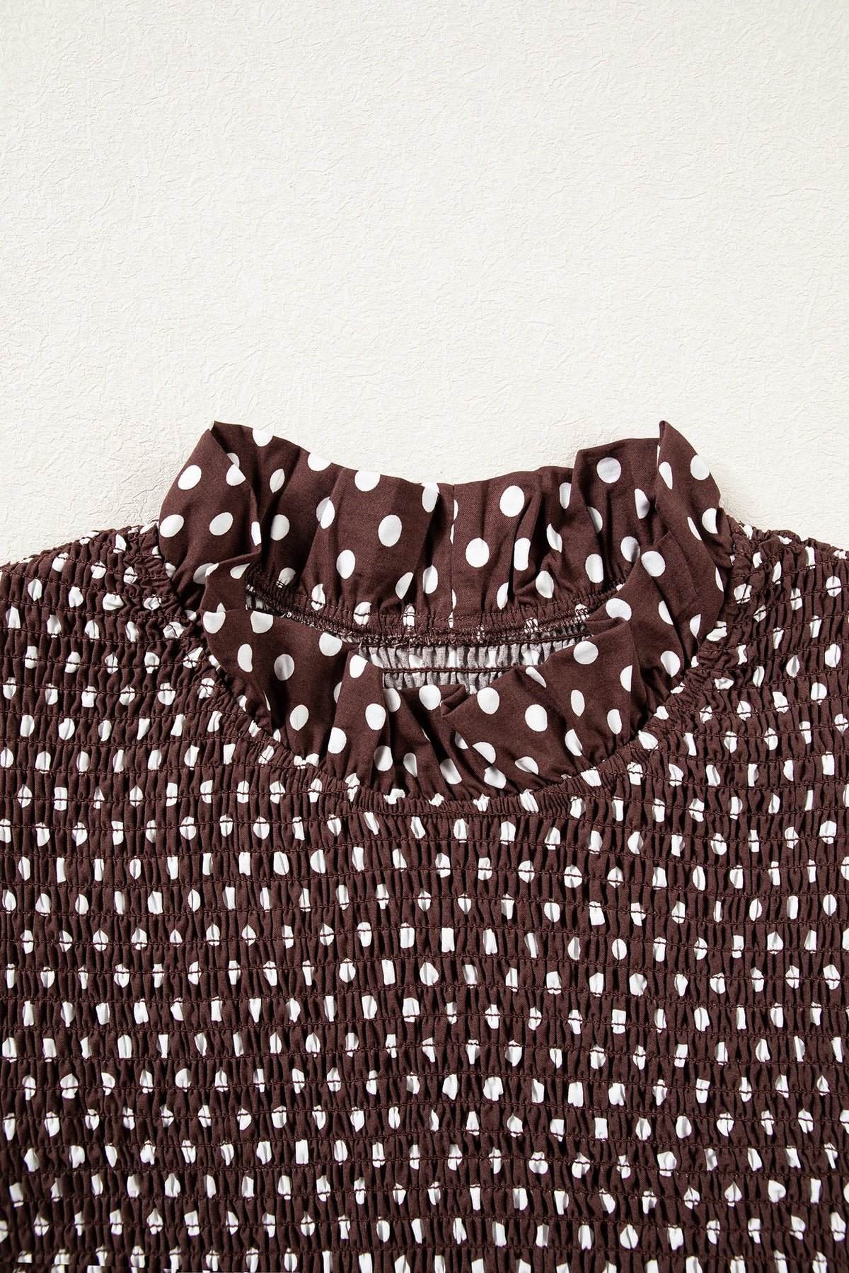 Polka Dot Shirred Ruffle Hem Long Sleeve Blouse