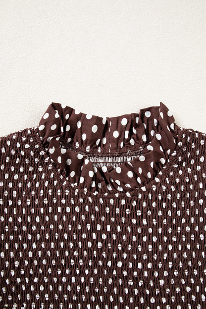 Polka Dot Shirred Ruffle Hem Long Sleeve Blouse