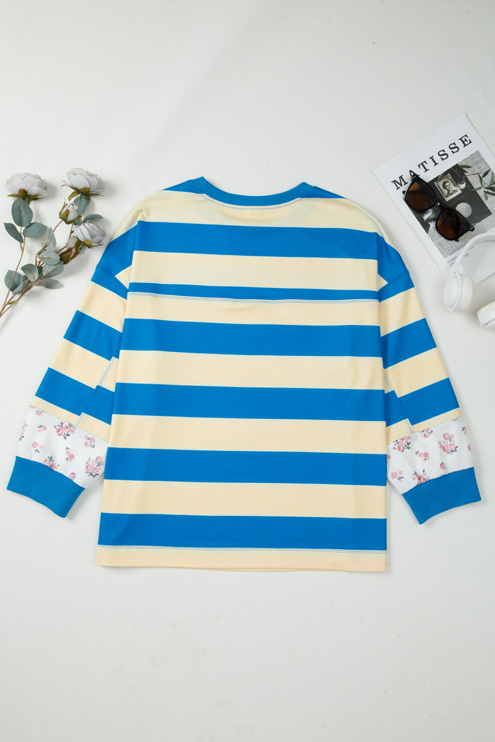 Plus Size Stripe Floral Colorblock Drop Shoulder Top