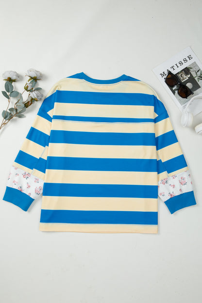 Plus Size Stripe Floral Colorblock Drop Shoulder Top