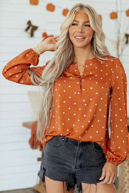 Polka Dot Half Button V-Neck Long Sleeve Blouse