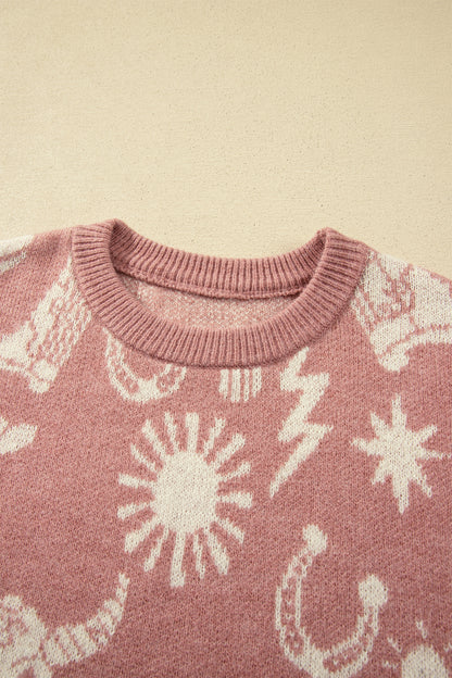Western Drop Shoulder Long Sleeve Sweater