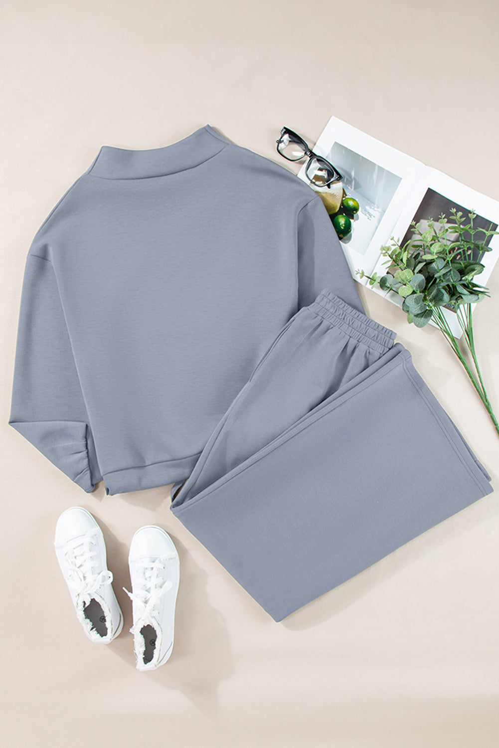 Solid Cowl Neck Pullover & Wide Leg Pants Set