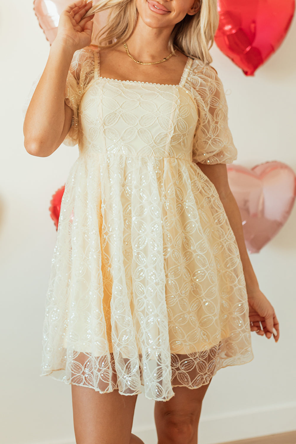 Sequin Lace Bubble Sleeve Dress