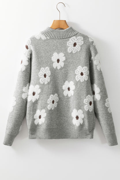 Floral Half Zip Drop Shoulder Sweater