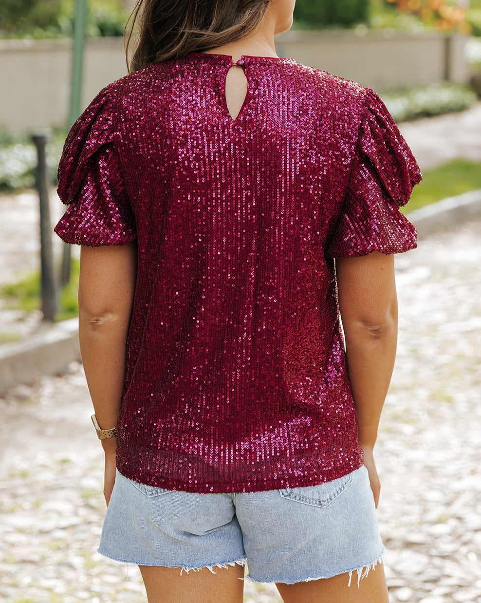 Sequin Short Bubble Sleeve Blouse