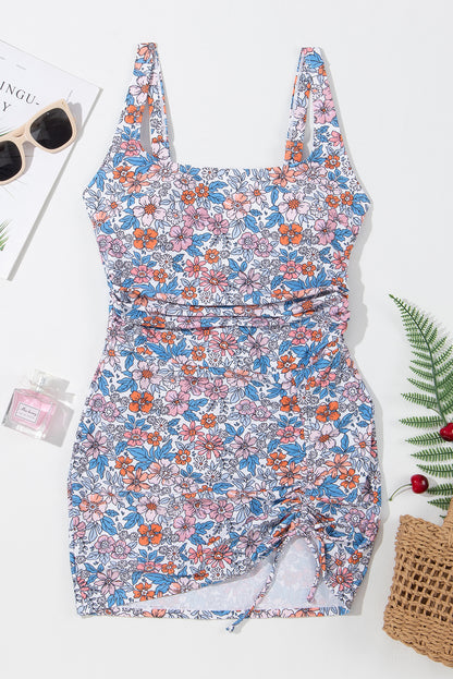 Floral Drawstring Ruched Swim Dress