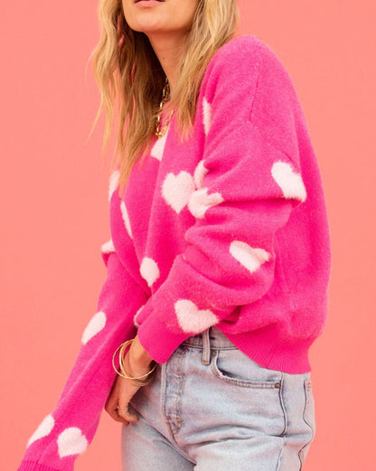 Fuzzy Hearts Drop Shoulder Sweater