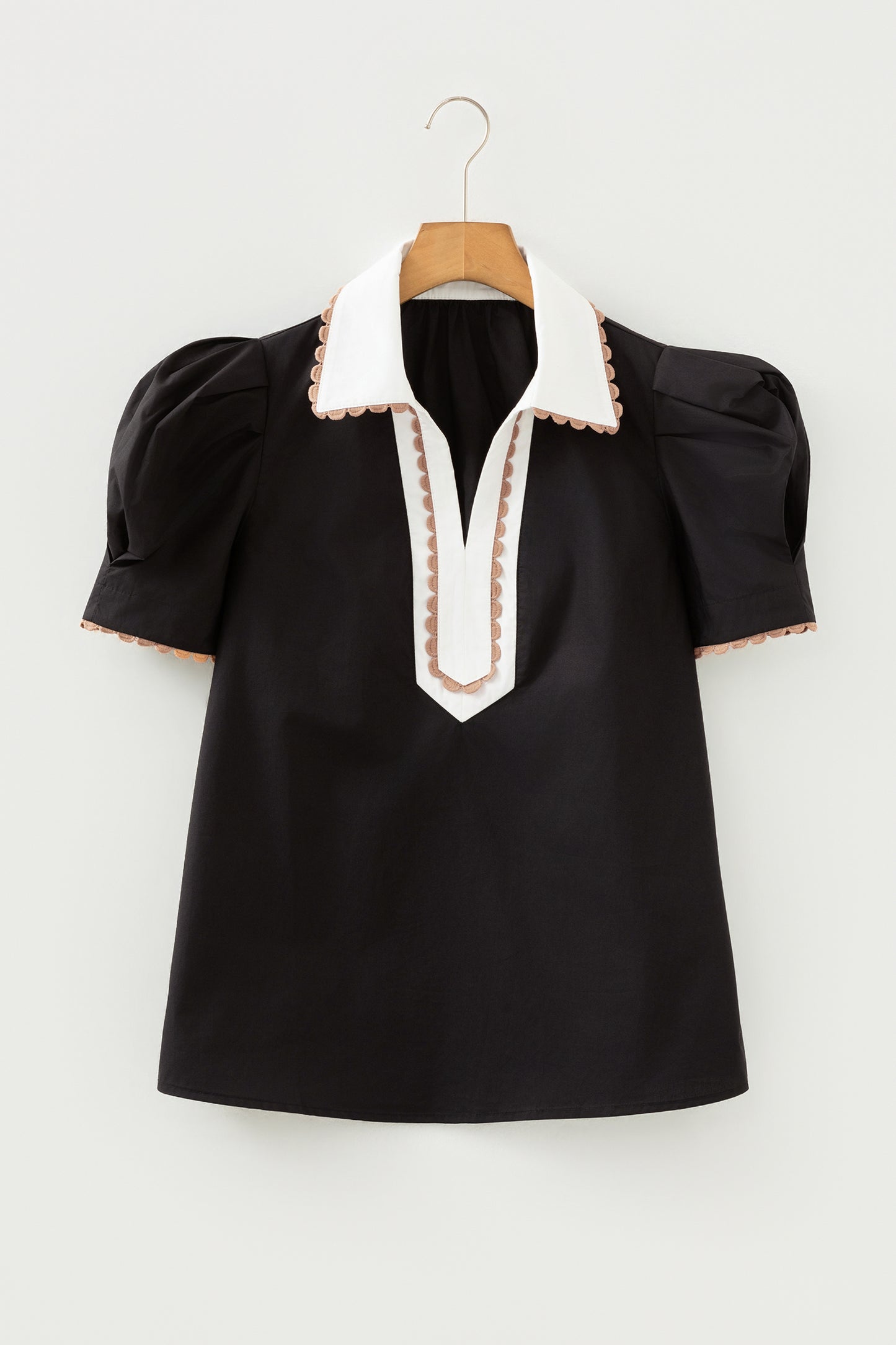 Colorblock Ricrac Trim Collared Short Sleeve Blouse