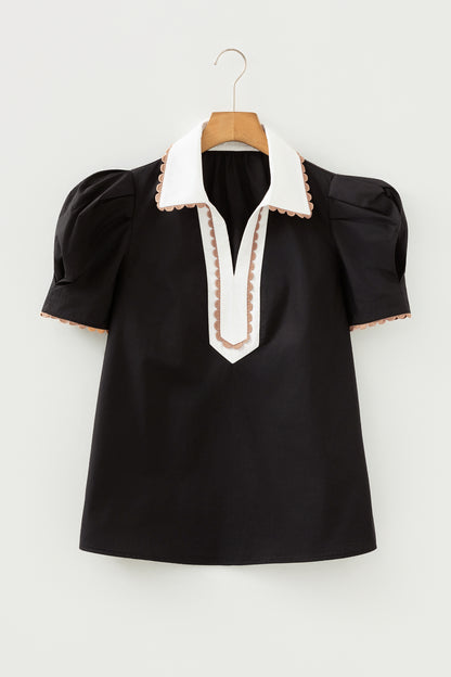 Colorblock Ricrac Trim Collared Short Sleeve Blouse