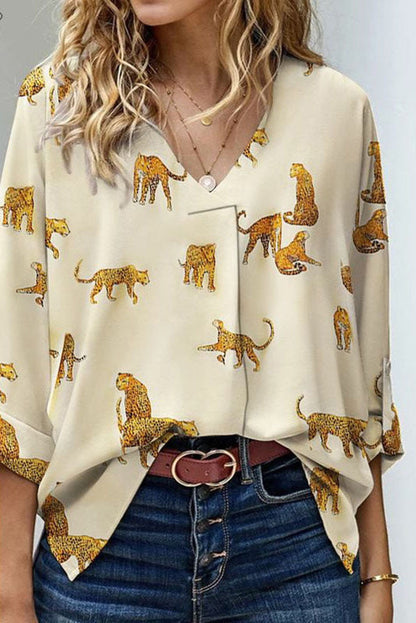 Leopard Rolled Tab Sleeve Blouse