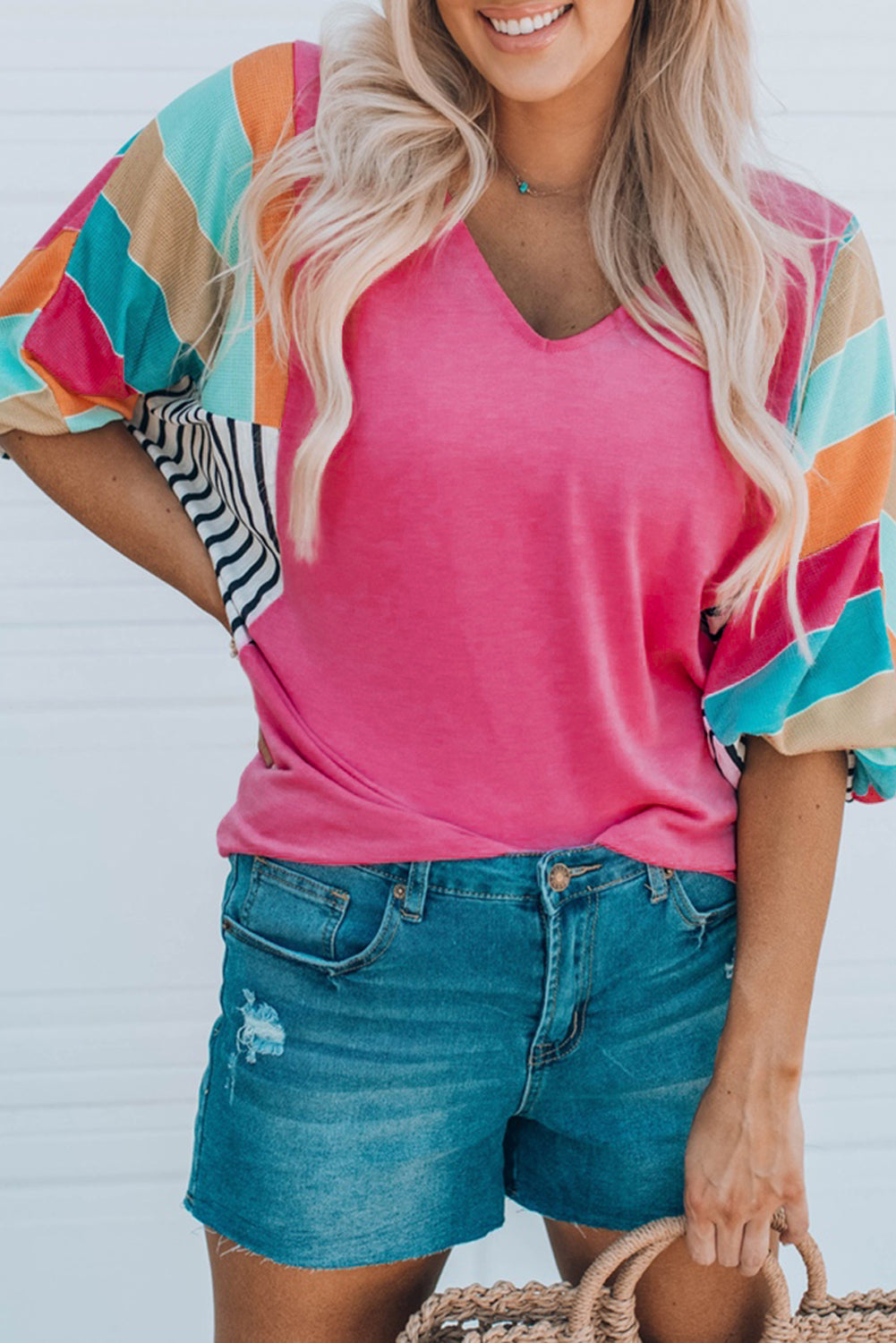 Stripe Colorblock Bubble Sleeve Top