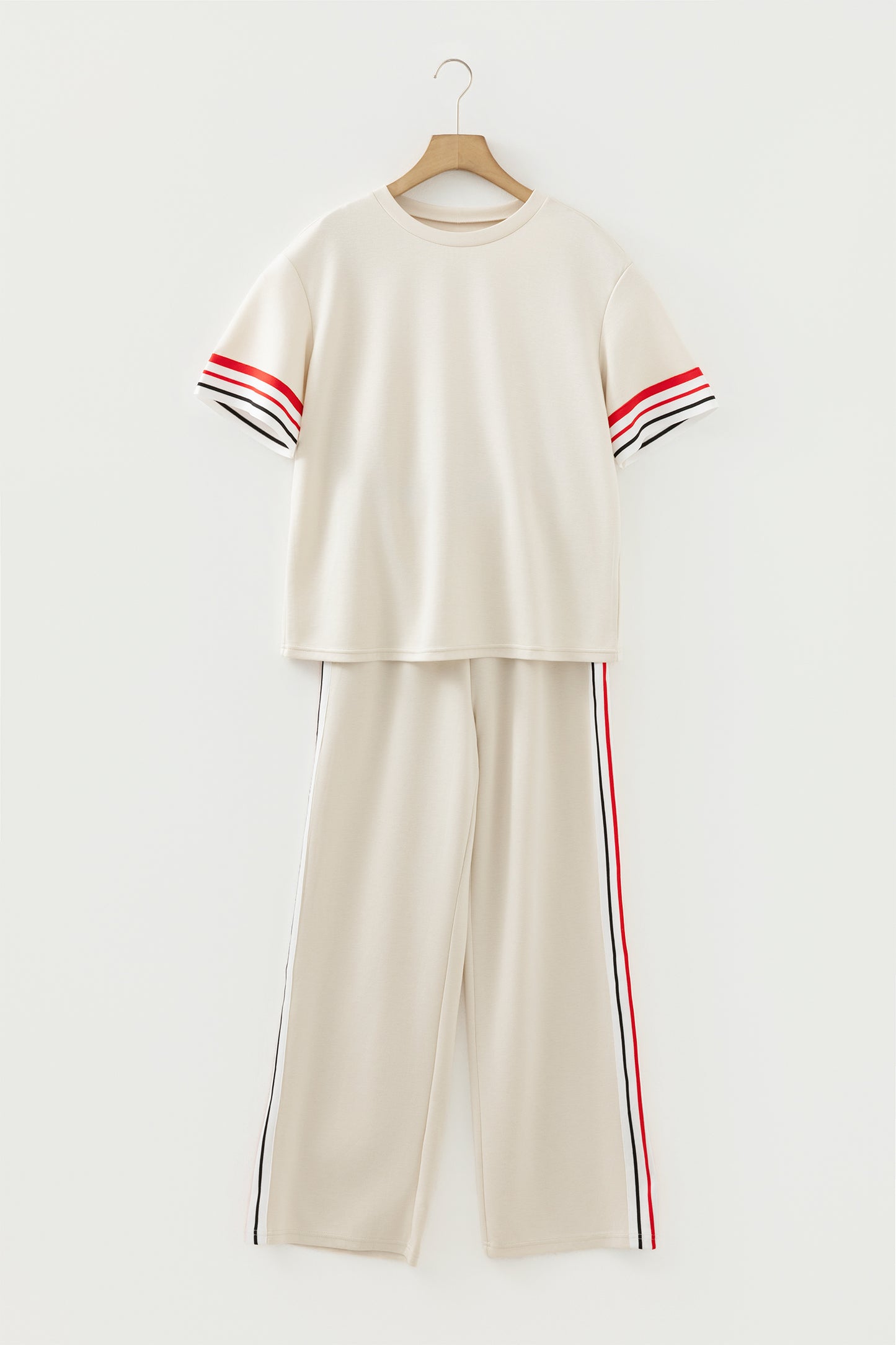Contrast Stripe Crewneck Top & Straight Pants Set