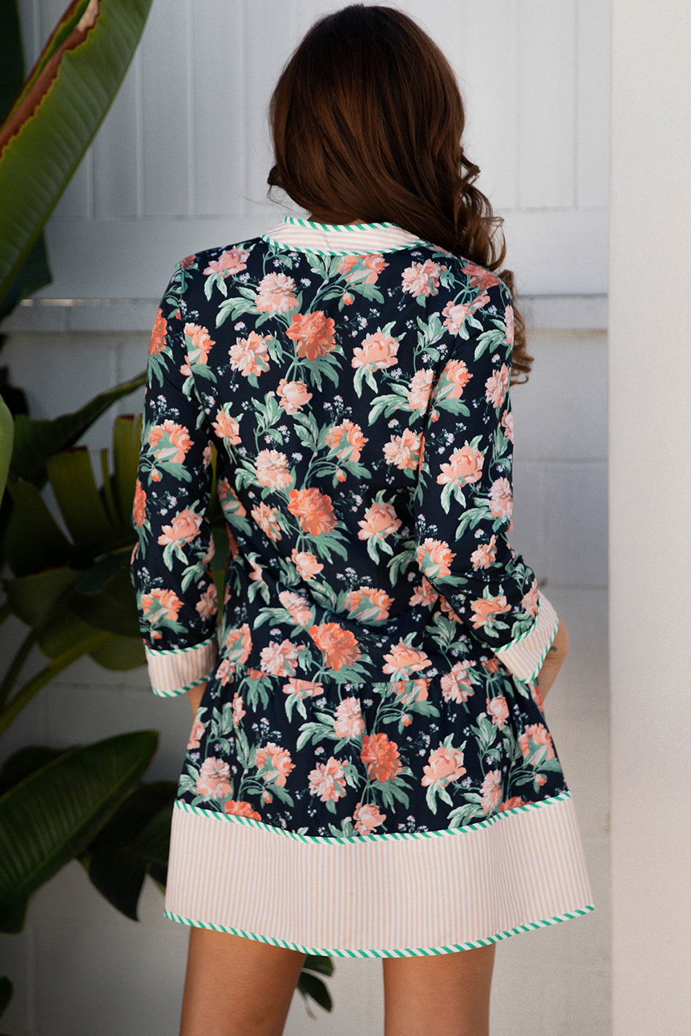 Floral Stripe Trim V-Neck Ruffle Hem Mini Dress