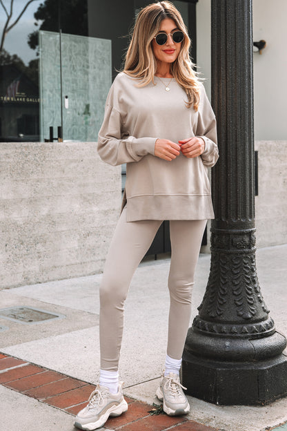 Solid Side Slit Sweatshirt and Leggings Set