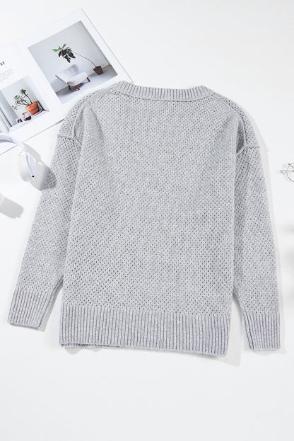 Eyelet V-Neck Drop Shoulder Sweater