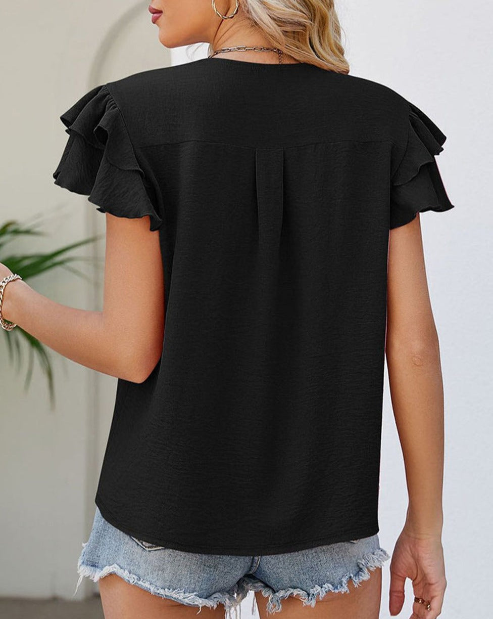 Ruffle Short Sleeve V-Neck Blouse