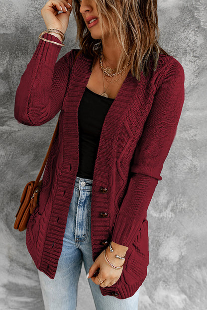 Cable Button Front Pocketed Cardigan