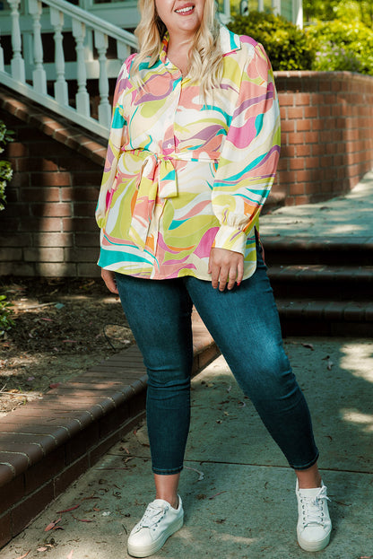 Plus Size Abstract Belted Tunic Shirt