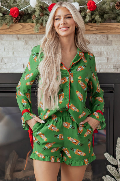 Christmas Bow Top and Ruffle Shorts Pajama Set