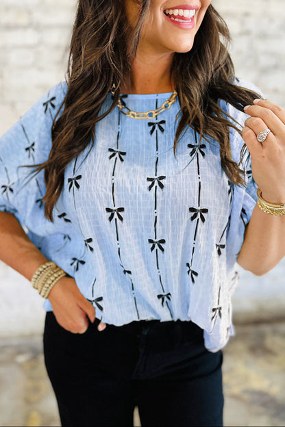 Bow Textured Short Puff Sleeve Top