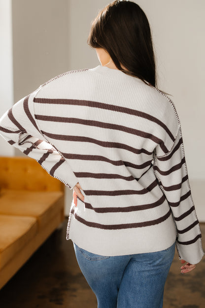 Stripe Ribbed Slouchy Drop Shoulder Henley Sweater