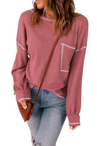 Waffle Contrast Stitching Pocketed Pullover