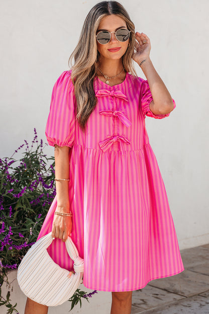 Stripe Bow Tie Front Short Puff Sleeve Dress