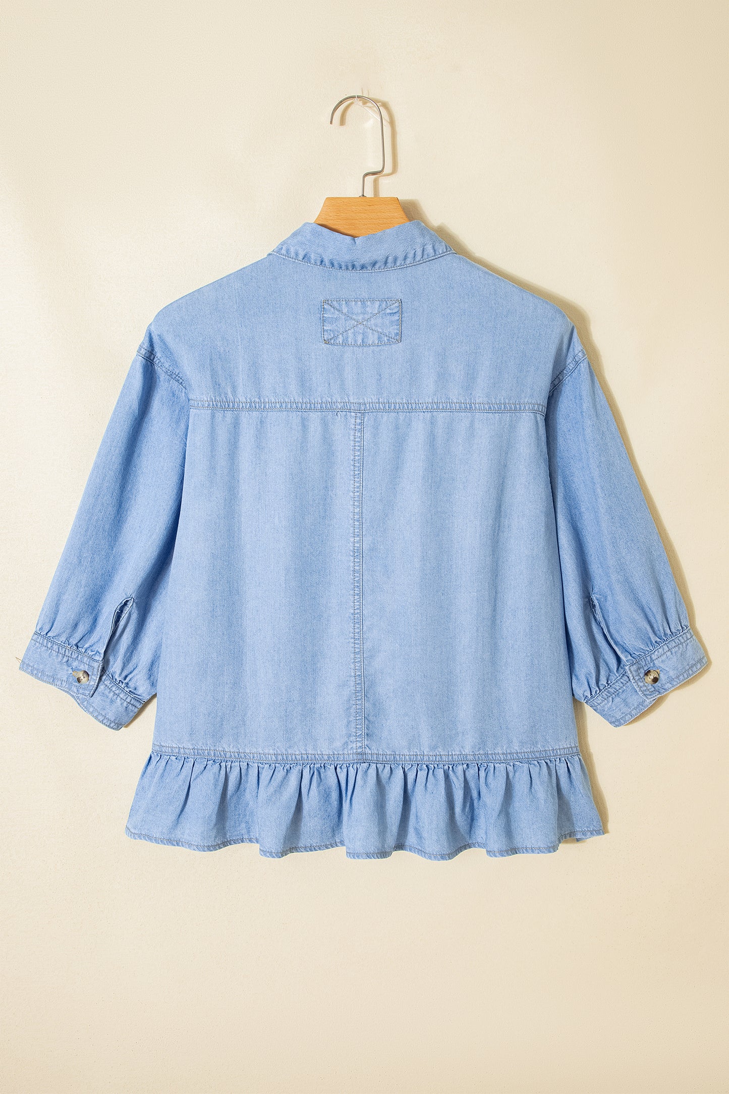 Denim Chambray Ruffle 3/4 Sleeve Buttoned Shirt