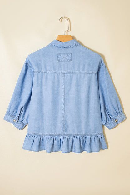 Denim Chambray Ruffle 3/4 Sleeve Buttoned Shirt