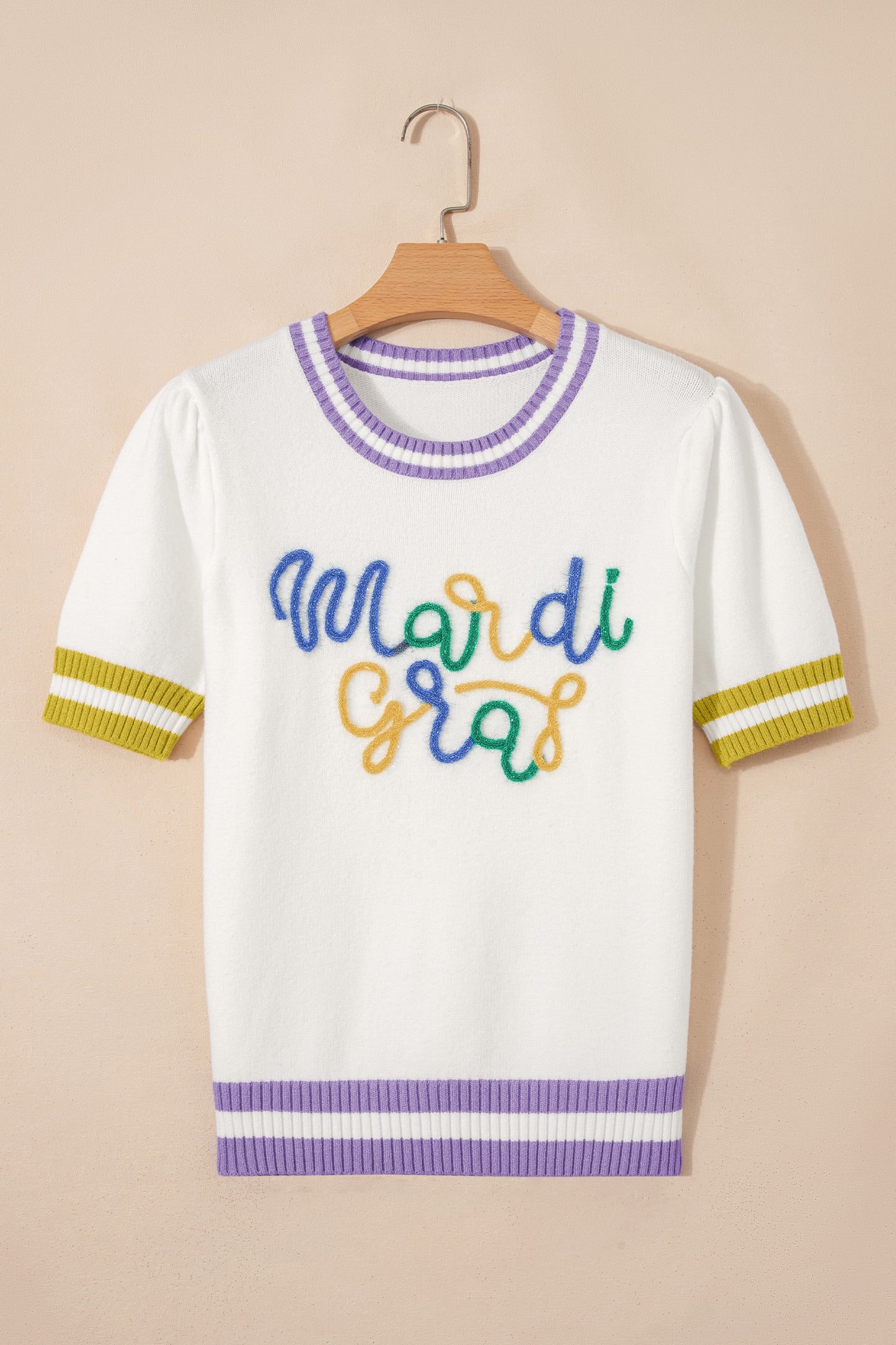 Mardi Gras Tinsel Lettering Short Sleeve Sweater