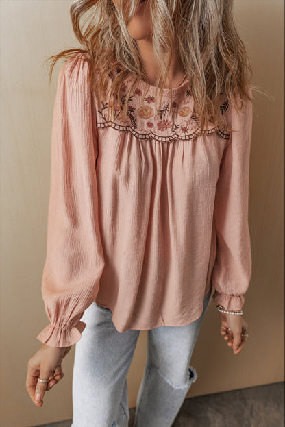 Floral Embroidered Flounce Sleeve Blouse