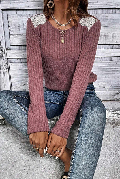 Ribbed Lace Shoulder Patch Sweater