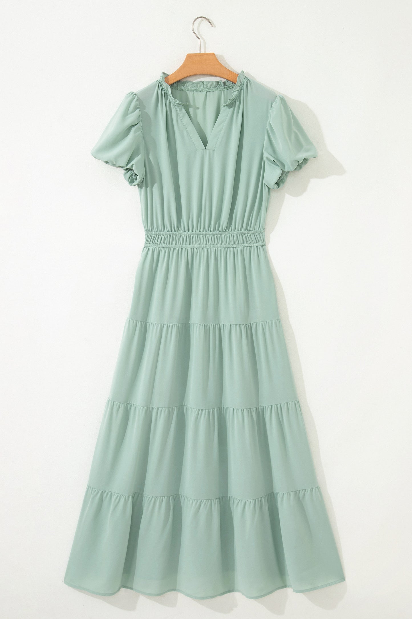 Solid V-Neck Short Puff Sleeve Tiered Maxi Dress