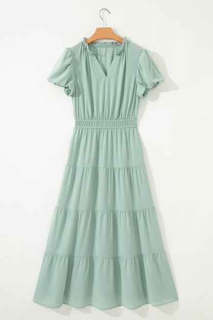Solid V-Neck Short Puff Sleeve Tiered Maxi Dress