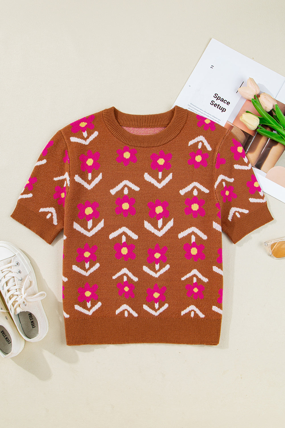 Floral Short Puff Sleeve Sweater