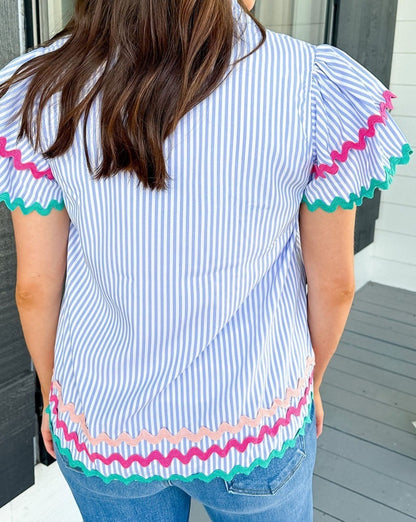 Stripe Ric-Rac Ruffle Sleeve Blouse