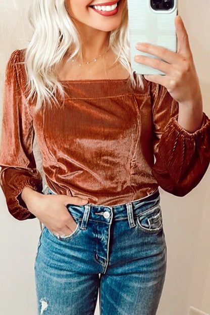 Velvet Ribbed Square Neck Puff Sleeve Top