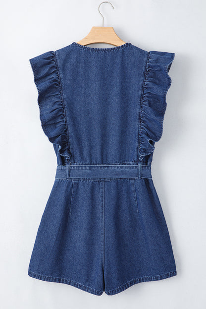 Denim Ruffle Belted Zip-Up Romper