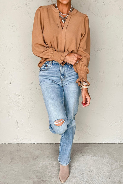 Shirred Long Sleeve V-Neck Blouse