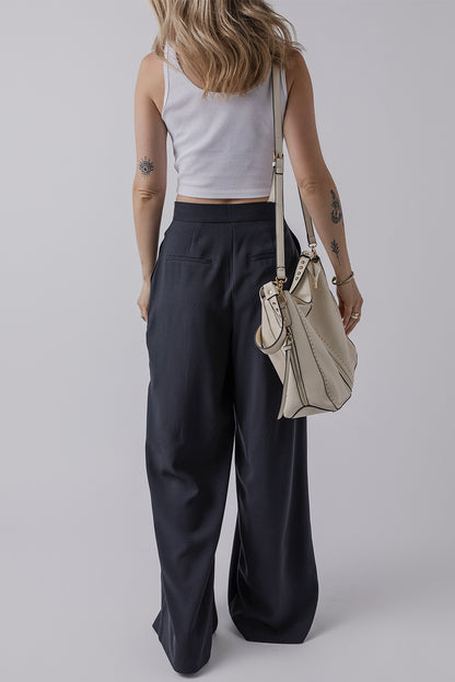 Pleated Wide Leg Buttoned Pants