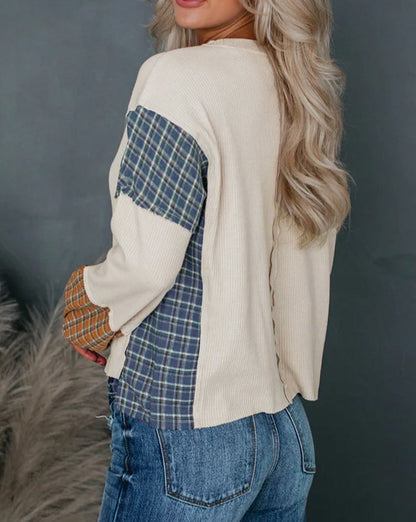 Plaid Colorblock Raw Seam Top